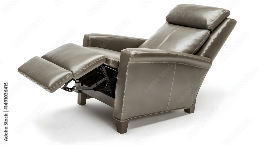 Fototapeta premium Gray leather recliner chair angled view.