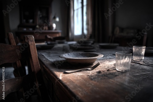 Dusty Dinner Table With Plate, Glass, and Fork, Representing Poverty and Abandonment, Ideal for Illustrating Social Issues and Historical Context : Generative AI