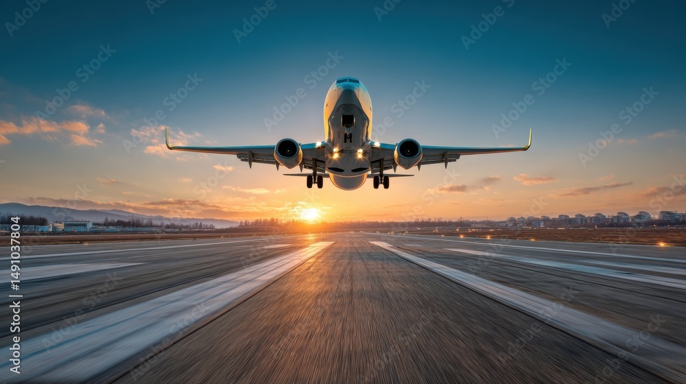 Naklejka premium Airplane Taking Off at Sunset, Representing Travel and Global Business, With a Sense of Adventure and New Beginnings : Generative AI