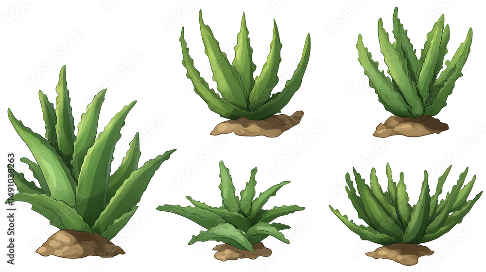 Fototapeta premium Growing aloe vera clusters a symbol of resilience and healing in the desert garden painted in on transparent background
