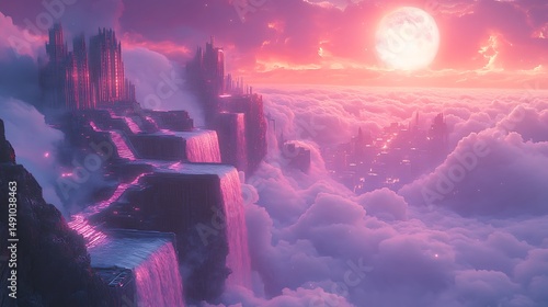 Wallpaper Mural Futuristic Pink City Waterfall Unreal stock High Resolution Photo Torontodigital.ca