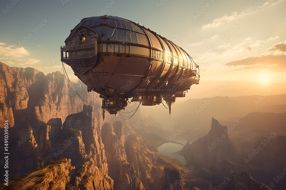 Obraz premium Steampunk airship over majestic canyons at sunset