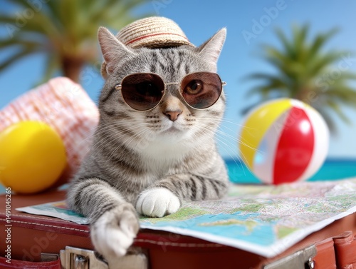 Gray tabby cat wearing sung...