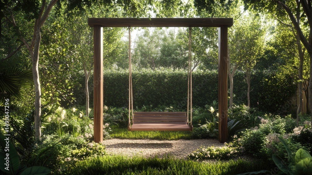 Fototapeta premium Serene garden swing under dappled sunlight.