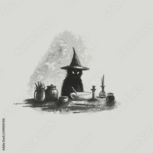 Cartoon witch cat sitting at a table with magical ingredients  