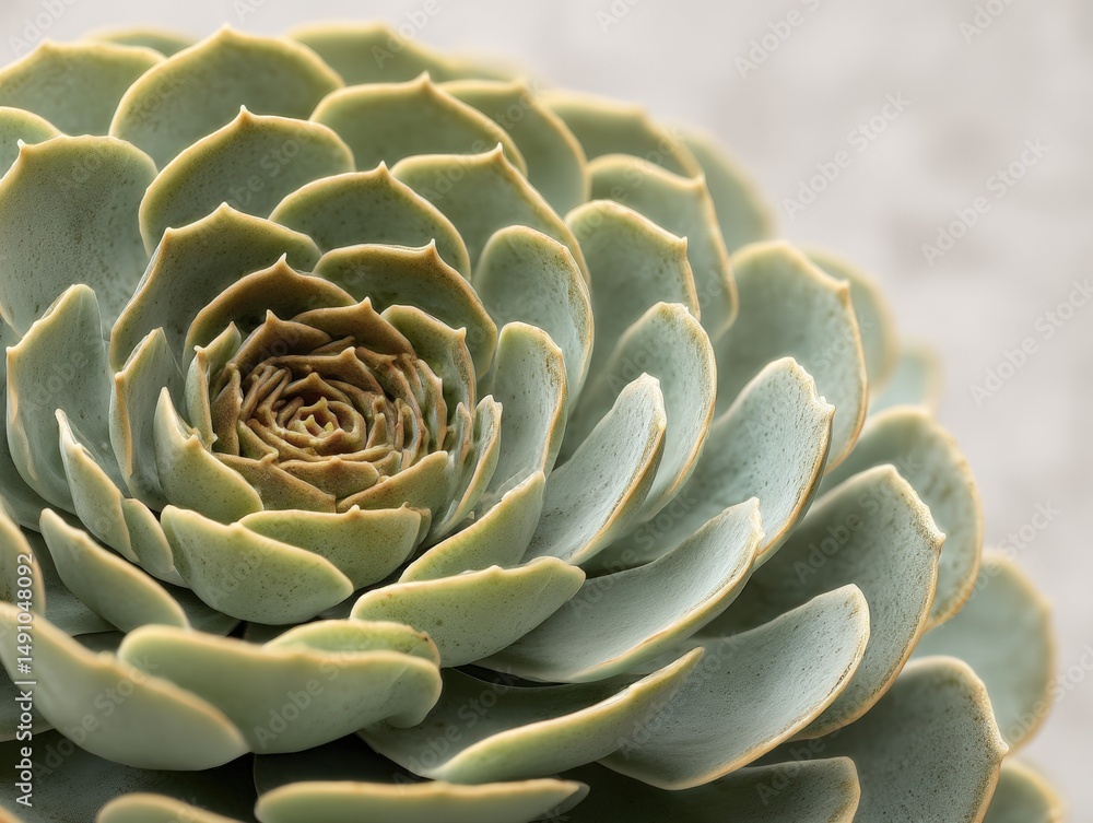 Fototapeta premium Green succulent plant with thick, fleshy leaves arranged in a spiral pattern. The close-up reveals intricate textures and natural symmetry, highlighting the plant's unique geometry