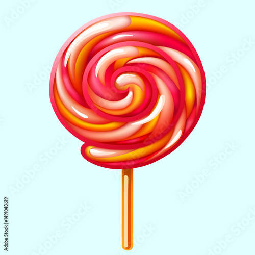 Spiral striped colorful lollipop close up. candy on a wooden stick on blue background. vector illustration