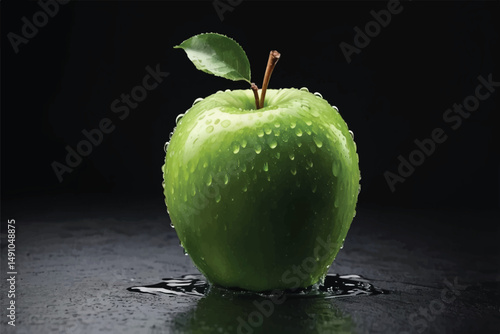 Closeup of a Green Apple Covered in Water Droplets on a Dark Surface
