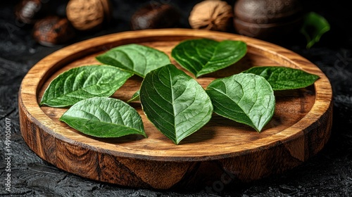 Green leaves on wooden plate