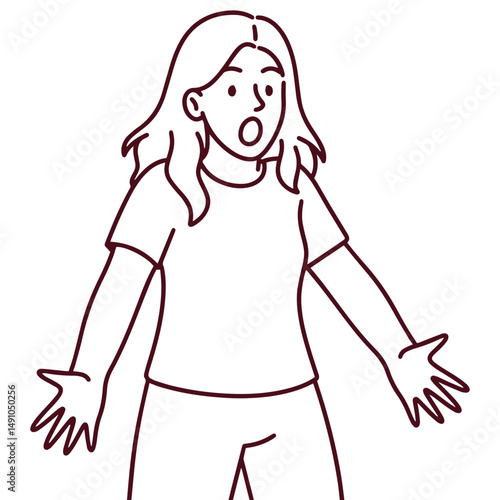 Line art illustration of a surprised woman with arms spread and expressive face, ideal for concept art, storytelling visuals, or simple web and print education content