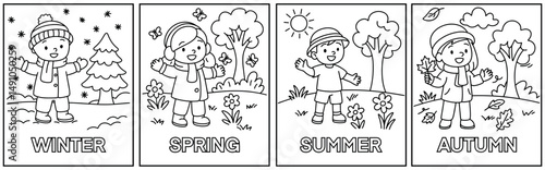 Educational black and white coloring sheet divided into four squares representing spring, summer, autumn, and winter with children in matching seasonal scenes, ideal for preschool learning
