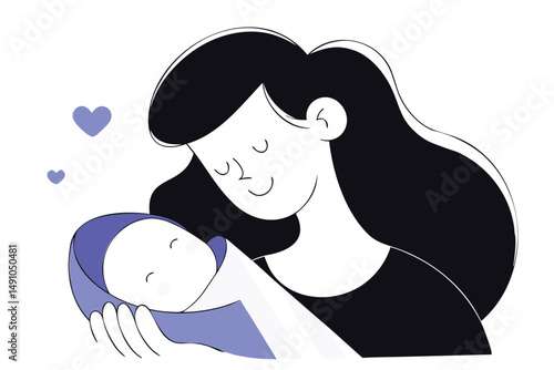 Mother cradling newborn baby with love, vector illustration of maternal bonding and affection