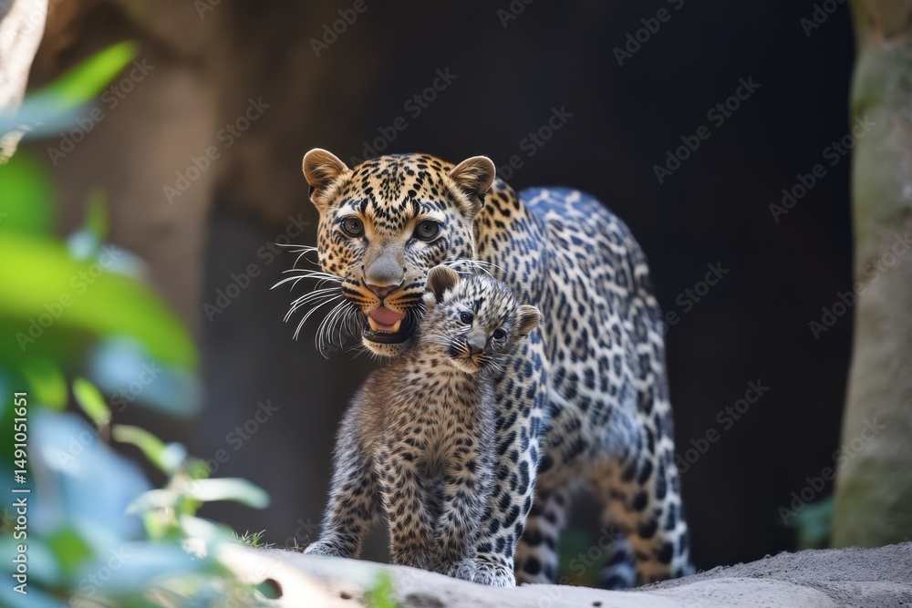 Obraz premium Leopard mother carries baby leopard in lush habitat during daylight, A leopard carries a baby leopard in its mouth in Kenya