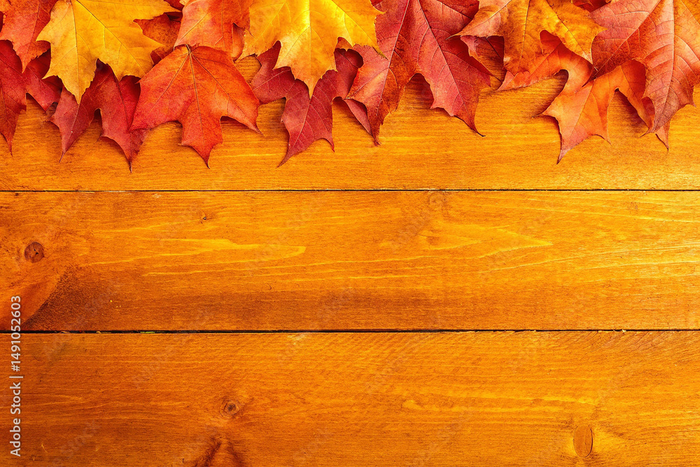 Obraz premium Autumn maple leaves on wooden background