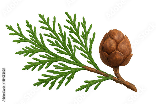 Detailed illustration of a green evergreen branch with a brown pine cone, set against a transparent background, highlighting natural textures