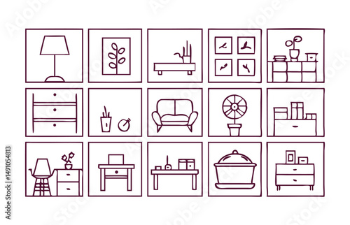 Home Interior collections editable stroke outline web icons set. Home, interior, bedroom, kitchen, architect, paint, furniture, flooring, lights and more... Vector illustration