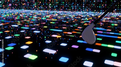 A golf club is shown in a colorful background. The background is filled with many different colored squares