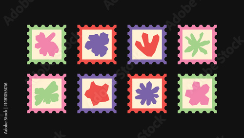 Naive hand-drawn icon pack with spiky stars, chunky flowers, and geometric shapes in a flat, imperfect sketch style — ideal for adding raw charm to posters and packaging.