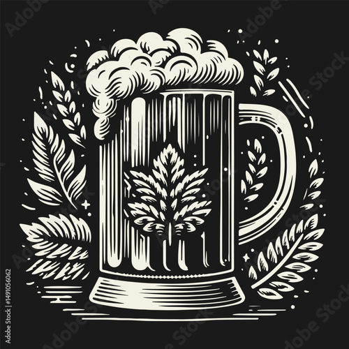 Beer mug with foamy top perfect for brewery, Oktoberfest or pub themes, sketch engraving, black and white vector illustration in vintage engraving style.
