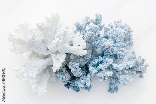 Two intricate coral structures, one pristine white and the other a soft blue, isolated on a bright, clean white background. photo
