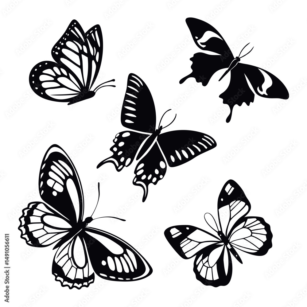 Fototapeta premium Black Butterfly Silhouette Set 