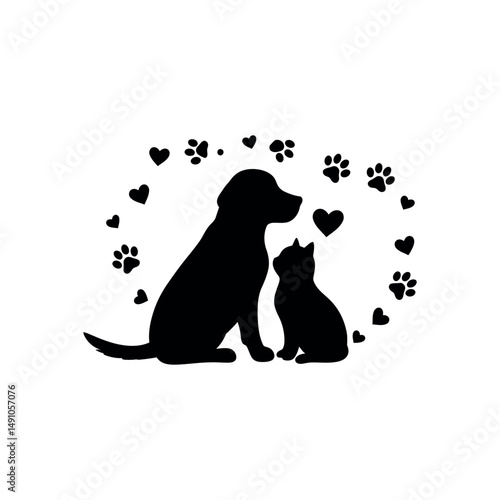 Adorable Dog and Kitten Silhouettes Vector Illustration of Intertwined Paws and Hearts