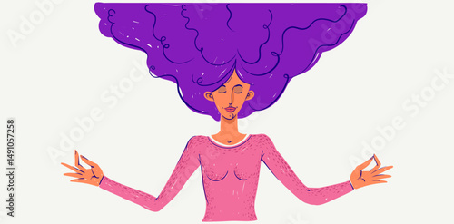 Young woman meditating, vector illustration of a girl in meditation yoga lotus pose, harmony in mind.