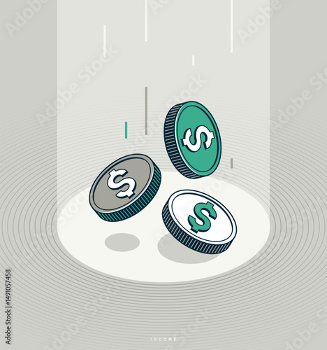 Income concept poster, coins falling down vector icon style illustration, revenue and interest metaphor, passive income.