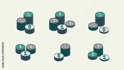 Coin piles vector set, stack of coins 3d isometric bundle, savings treasures and wealth theme, budget, exchange or jackpot concept.