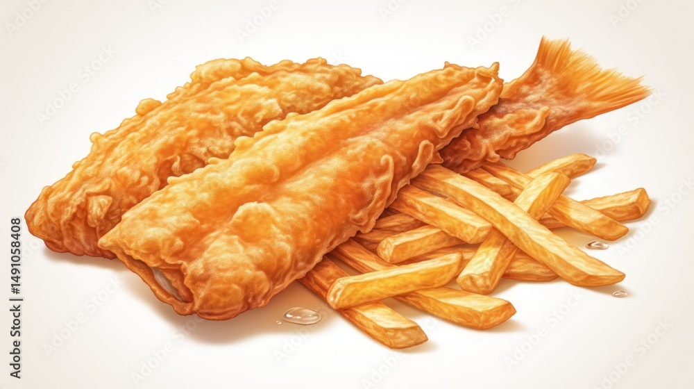 Fototapeta premium Enticing depiction of crispy fish fillets served over a pile of golden fries