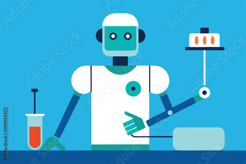A robotic figure standing at a lab bench, wearing a white cap and holding a test tube, with scientific equipment and glassware in the background, digital illustration, minimalist style, pastel colors,