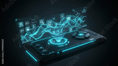 Wallpaper Mural Analyzing Data on Futuristic Device with Hologram Display Torontodigital.ca