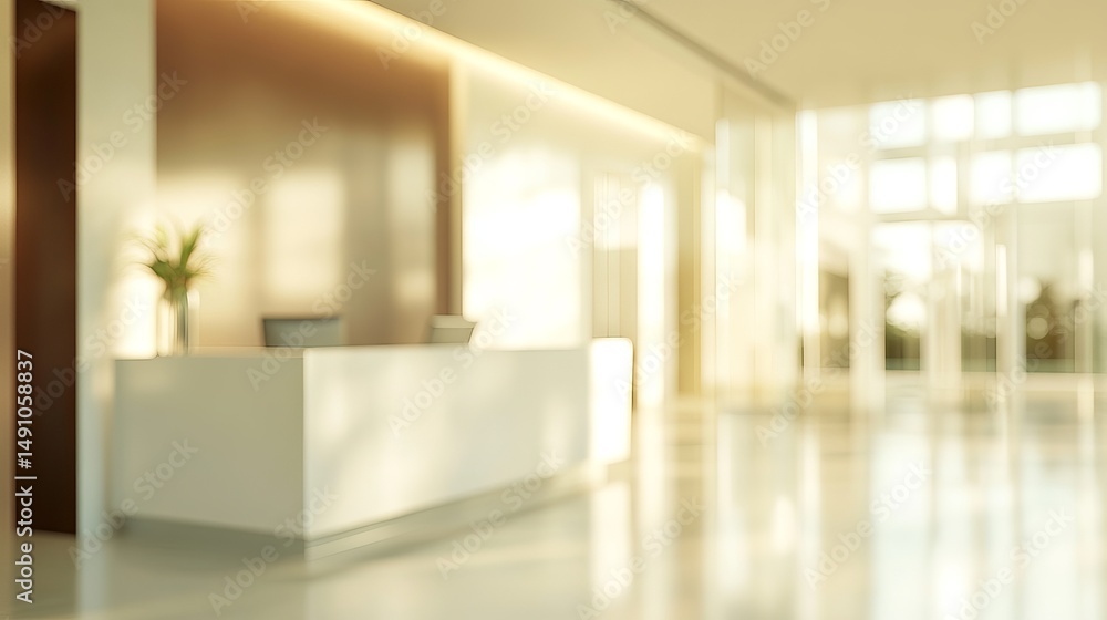 Fototapeta premium Modern Office Reception Desk Elegant Interior Design White Minimalist Workspace Bright Sunlight 