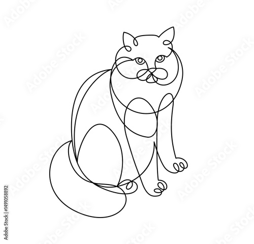 Nice cute cat linear vector illustration, line art drawing of pussycat relaxing, artistic outline minimal sketch of fat and lazy cat.