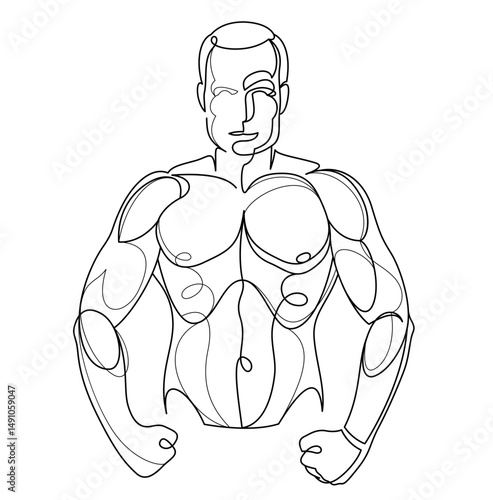 Linear drawing of a perfect body fit model man posing vector illustration isolated, muscular macho sexy guy with naked torso topless.