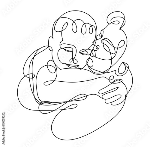 Mother and son hugging each...