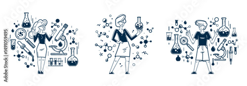 Scientist discovering science theory and making experiments vector outline illustration set, theoretical science research or invention, education learning university.