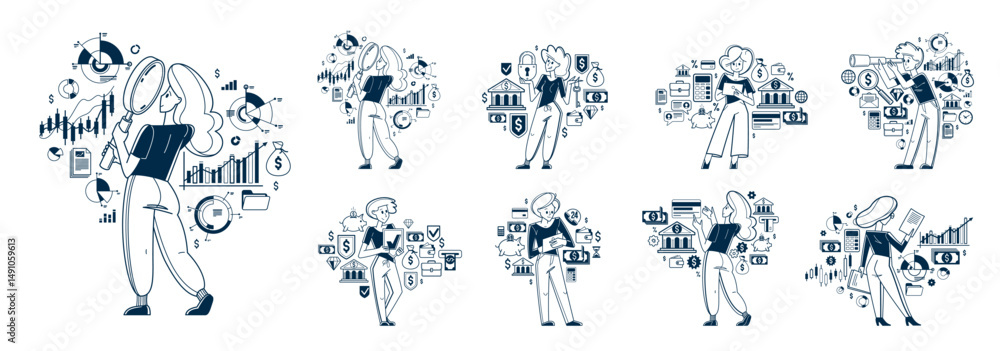 Obraz premium Business person analyzing and organizing financial deals vector outline illustration set, entrepreneur company leader working on some commercial project.