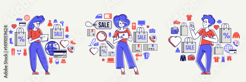 Shopping and discount vector outline illustration set, store worker managing goods or customer have a big choice and enjoying cheap prices, adviser consultant.