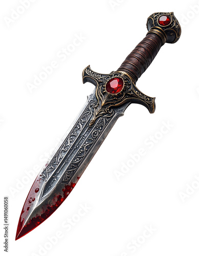Ornate dagger with a decorative hilt and blade details featuring embedded red gemstones. The blade shows signs of use with apparent bloodstains against a transparent backdrop.