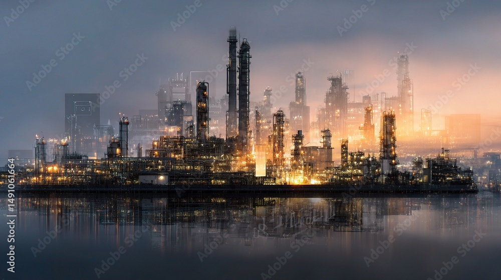 Obraz premium Twilight View of Oil Refinery with Layered Physical Systems