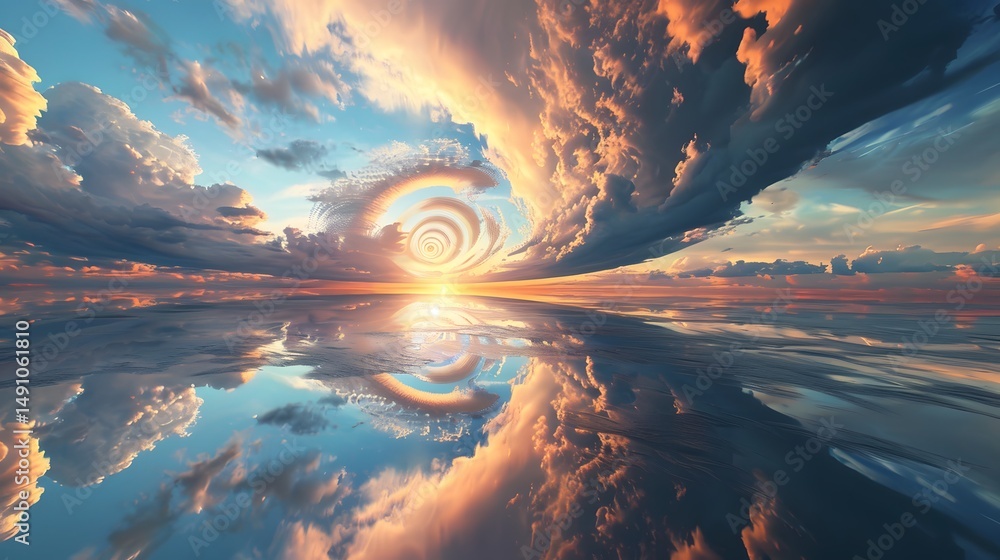 Naklejka premium Vast, swirling clouds, sunset reflected