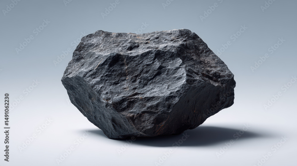 Fototapeta premium Isolated dark gray rock with rough texture rests on a smooth surface with subtle shadows creating a simple yet elegant composition in a studio setting.