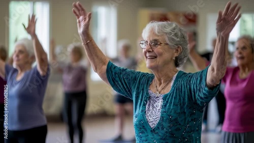 Active senior women joyfully exercising together in a fitness class