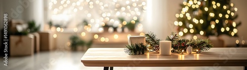 Festive holiday display on a light wooden table.