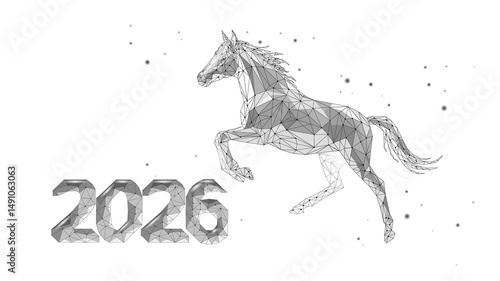 Geometric Horse illustration runs in space 2026 Horoscope Year. Chinese Animal of New Year. Technology designs and futuristic projects. Low poly style with white background