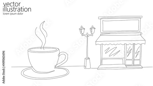 One line cafe street scene illustration. Continuous line coffee shop exterior architecture art. Restaurant coffee breakfast cityscape design. Minimalist style simple white background vector