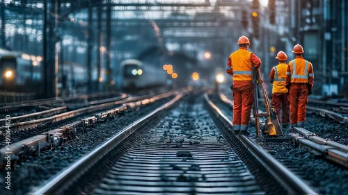 Wallpaper Mural Railway maintenance crew inspecting tracks with train approaching at dusk Torontodigital.ca