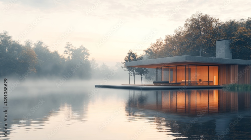 Fototapeta premium Tranquil lakefront cabin nestled amidst misty morning.
