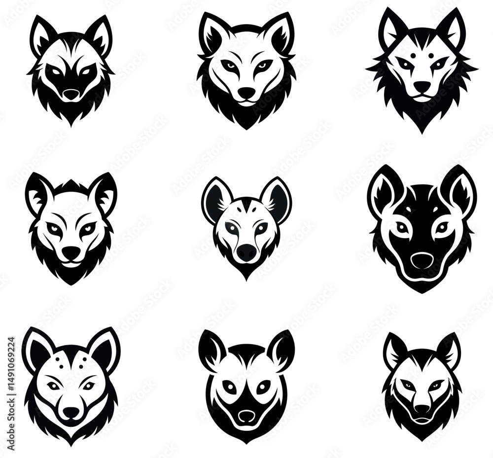 Fototapeta premium Set of stylized black and white African wild dog head logos.